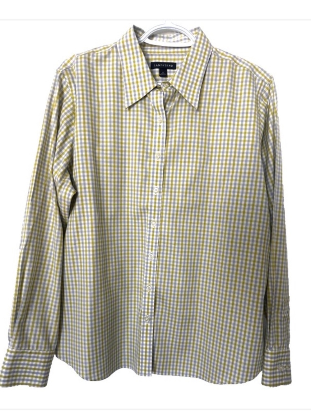 Lands' End Women’s size 14 Collared Button-down Blue/Green Check 100% Cotton